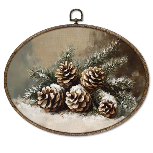 XNXLDYLH Vintage Winter Pinecones Oval Framed Wall Art Decor, Rustic