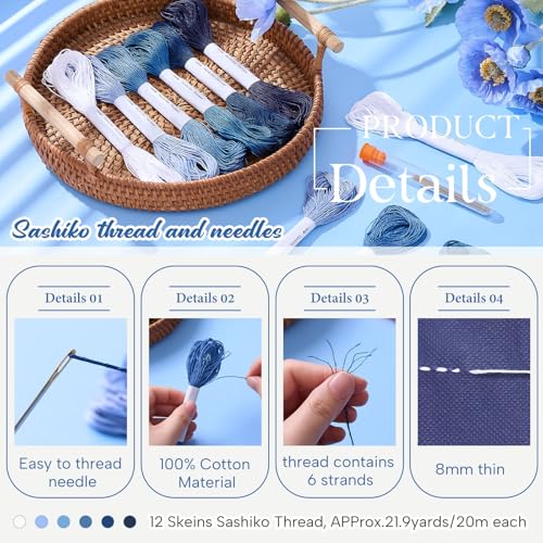 Image of Zeyune 12 Pcs Blue Sashiko Thread Kit with Sashiko Needles, 100% Cotton, Each 20m / 21.9yds, Japanese Embroidery Thread for Visible Mending, Hand Quilting, Boro Stitching, Denim Repair