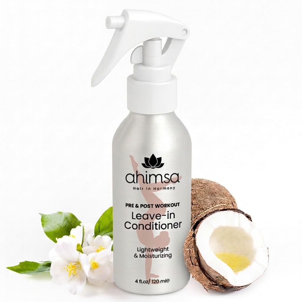 Ahimsa Pre & Post Workout Leave-In Conditioner, Lightweight Hydrating Leave In Conditioner for Curly, Wavy & All Hair Types, Anti-Frizz Heat Protectant, Water-Based with Coconut Oil & Jasmine (4oz)