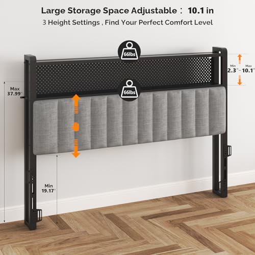 Image of VINGLI King Size Headboard Only, Adjustable Upholstered Headboard with 2 Tier Shelves and Pegboard with Charging Stations and LED Lights, Modern Bed Headboard with Storage for Bedroom Decor