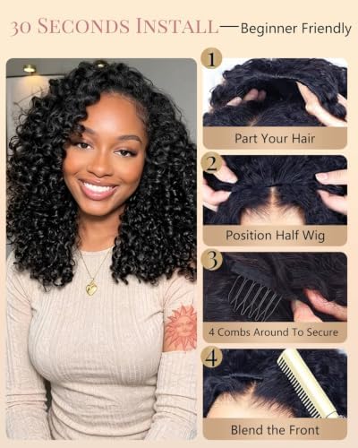 sterly Burmese Curly Half Wig Human Hair Wear and Go Glueless Flip Over Half Wigs For Black Women Drawstring Beginner Friendly No Glue No Sew 3 In 1 Wig With Spiral Curly Ends 180% Density 26inch