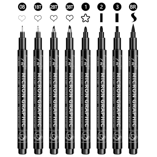 OFFCUP Stylos Noir a Pointe Fine, 8pcs Feutres Dessin, Professionnel Artist Pen, Stylos Feutre, Caligraphie Ecriture Kit pour Manga écriture Signature...