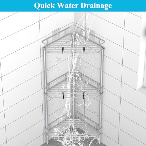 Image of HuggieGems 3 Tier Floor Standing Corner Shower Caddy Organizer Shelf with Hooks, Bathroom Shelves Stand Rack, Silver