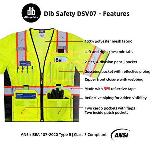 Dib Safety Reflective Mesh Vest Ansi Class 3, High Visibility With Pockets And Zipper, Made With 3M Reflective Tape, Yellow Xl #TOP5