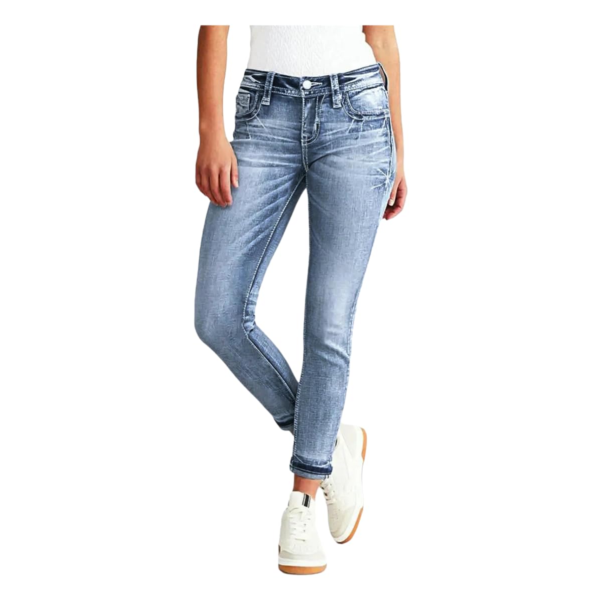 Jeans Donna da Tasca Ricamato Donna, Skinny alla Moda-Blu Scuro-XL
