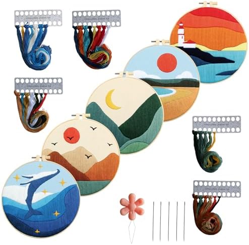5 Sets Landscape Embroidery Kits for Beginners Adults Embroidery Starter Kit Mountain Sea Sun Moon Pattern Hand Crewel Needlepoint Cross Stitch Kits Includes 2Pcs Hoops Color Threads Needles