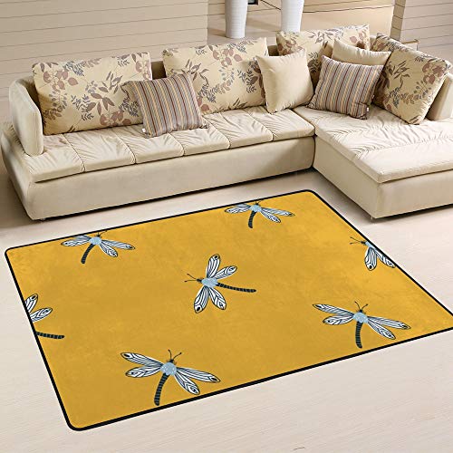 Tapis de salon jaune imprimé libellule grand format Ruchen