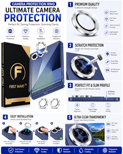 Image of FIRST MART Tempered Glass for Samsung Galaxy Z Flip 7 5G with Silver Camera Ring Guard & Installation Kit | HD Clear Edge-to-Edge Screen Protector, Scratch Resistant, Case-Friendly | Pack of 1