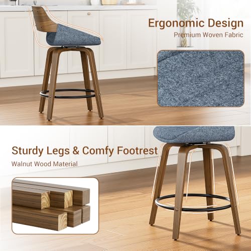 Image of YaFiti Bar Stools Set of 6, 26 inch Swivel Counter Height Barstools with Bentwood Back and Legs, Mid Century Modern Upholstered Fabric Counter Stools for Kitchen Island, Dining Room, Blue