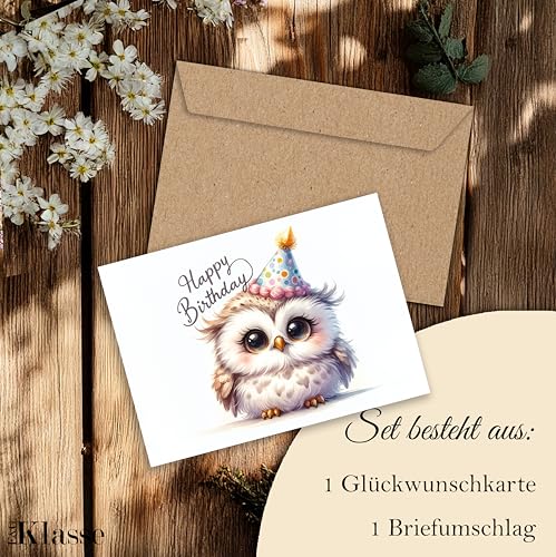 E&G Klasse Tier Aqaurell Geburtstagskarte Glückwunschkarte Postkarte mit Kraftpapier Umschlag Süßen Tieren mit Happy Birthday bedruckt (Eule)