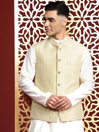 Image of MANQ Men's Kurta With Churidar & Ethnic Motifs Nehru Jacket Set For Wedding, Festival & Formal Occasions