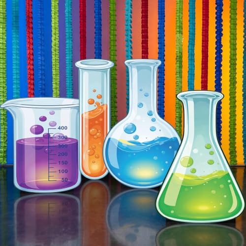 Image of 4 Pcs Science Party Decorations Lab Theme Party Supplies Chemistry Laboratory Standees Scientist Birthday Decor Erlenmeyer Flask Prop Sign for Lab Week Stem Scientist Theme Birthday