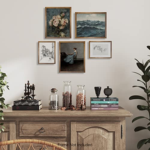 Rustic Modern Farmhouse Wall Art Decor - French Country Kitchen Print Poster - Boho Victoria Landscape Pictures Bathroom - Aesthetic Vintage Cottagecore - Muted Blue Ocean Sea Flower Portrait Drawing #TOP4