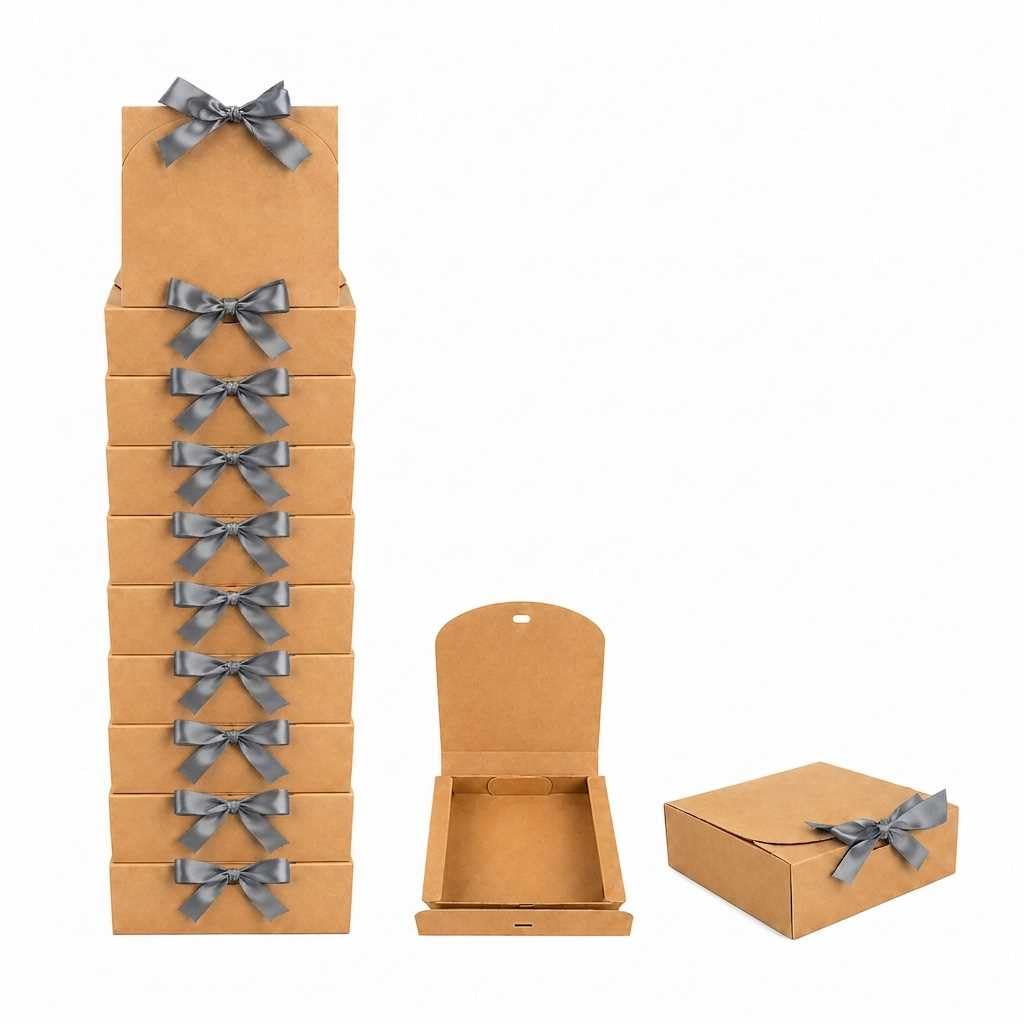 Emartbuy Brown Kraft Gift Box with Grey Ribbon – 24 x 24 x 5 cm – Fits Chocolates, Scarves & Stationery Sets – Birthdays Weddings Christmas Corporate Gifting Trade Wholesale – Pack of 12