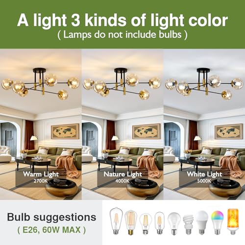 Image of 6-Lights Sputnik Ceiling Light Fixture Mid Century Modern Glass Globe Flush Mount Chandelier Black and Gold Farmhouse Lighting for Living Room Dining Room Bedroom Kitchen