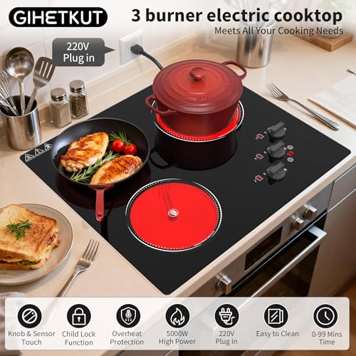 Image of GIHETKUT Electric Cooktop, 220V 5000W Stove Top, 9 Power Levels, Kids Lock & Timer, Hot Surface Indicator, Overheat Protection,knob and touch control 3 Burner Electric cooktop