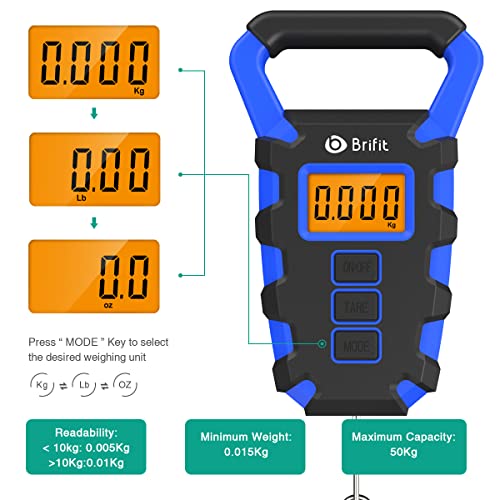 Foto von ORIA Digitale Kofferwaage, Fischwaage mit Haken, 50 kg Gepäckwaage Angelwaage, IPX4 Wasserdichte Hängewaage mit Maßband, LCD Hintergrundbeleuchtung Anzeige & 2 AAA Batterien – Blau