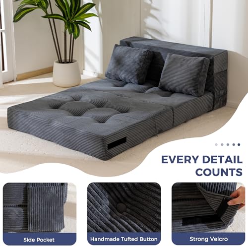 Image of MAXYOYO Convertible Sofa Bed, Fold Out Sofa Couch with Pillow, 4 in 1 Tufted Folding Couch Bed Foam Floor Couch, Lazy Chair for Living Room Bedroom Guest Room, Dark Grey
