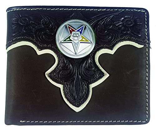 Custom MW Masonic Eastern Star Tooled Leather Bi-fold Wallet in Brown