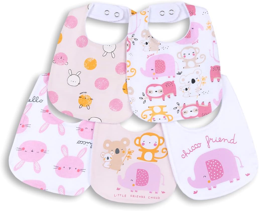 Chicco, Set 5 Baberos Bebé Niño y Niña en Algodón Suave, Talla Única, Designed in Italy