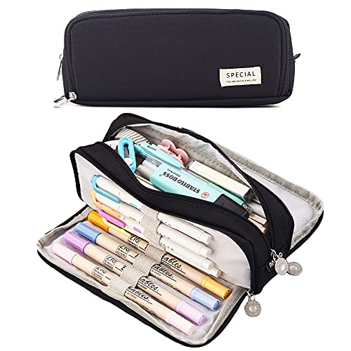 Image of MAMUNU Large Capacity Pencil Case, 3 Compartments Canvas Pencil Pouch with Zipper, Aesthetic Pencil Bag Pen Pouch for School Office Students Teen Girls Boys, Black