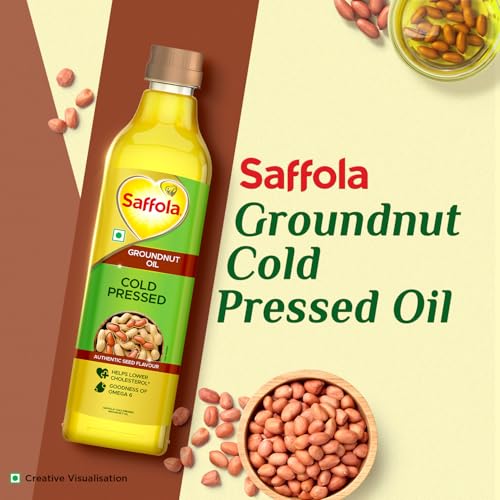 Image of Saffola Cold Pressed Groundnut Oil | 100% Cold Pressed Groundnut Oil | Unrefined, 0 trans fat, Chemical free | Helps Lower Cholesterol, Goodness of Omega 6 & Authentic Seed Flavour | 1L Pet Bottle