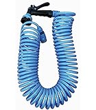  Manguera para jardín en espiral de 15 metros, tubería color azúl de polibutileno, con pistola de riego multifuncionesen ABS