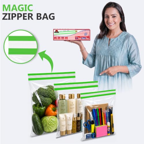 Image of Shalimar Magic Zipper Bags | Medium (24.5 cm x 28 cm) | Pack of 30 Bags | Ziplock /Vegetable /Fruit /Fridge /Multi-Purpose Storage Bag | Reusable & Reclosable Magic Seal (Velcro) | Crystal Clear Flim