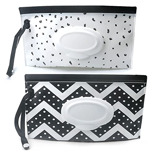 Image of Baby Wipe Dispenser,Portable Refillable Wipe Holder Wipe Dispenser Bag Reusable Travel Wet Wipe Pouch (Black & White)