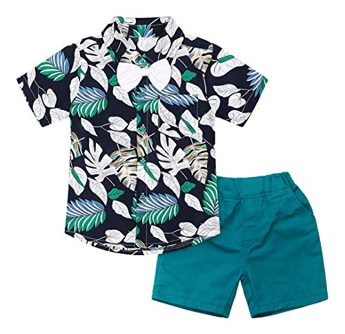 AmzBarley Toddler Boys Clothes Button Down Leaf Floral Shirt + Shorts Set Kids Short Sleeve Bowtie Top and Shorts Summer Hawaiian Outfit Set 2-Piece Casual Formal Clothes Blue Size 1-2Years/Tag 90