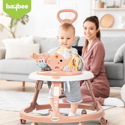 Image of Baybee Minto 2-in-1 Baby Walker for Kids with Push Handle, 2-Level Height Adjustment, Footmat & Musical Toy Bar | Activity Push Walker for Babies 6-18 Months (Pink)