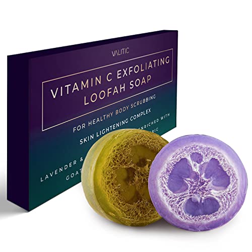 VALITIC Vitamin C Exfoliating Loofah Soap Bars for Healthy Body Scrubbing - Lavender & Castile Olive Oil Enriched with Goat Milk, Vitamin E, & Turmeric - Gifts for Women Friend Mom Wife Her Birthday