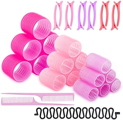 CSVAM Hair Curlers Set - 6 Jumbo, Large, Medium Self Grip Velcro Hair Rollers for Long Hair, 12 Duck Bill Clips, 2 Combs, 1 French Braiding Tool for Thick, Thin, Fine, Short Hair
