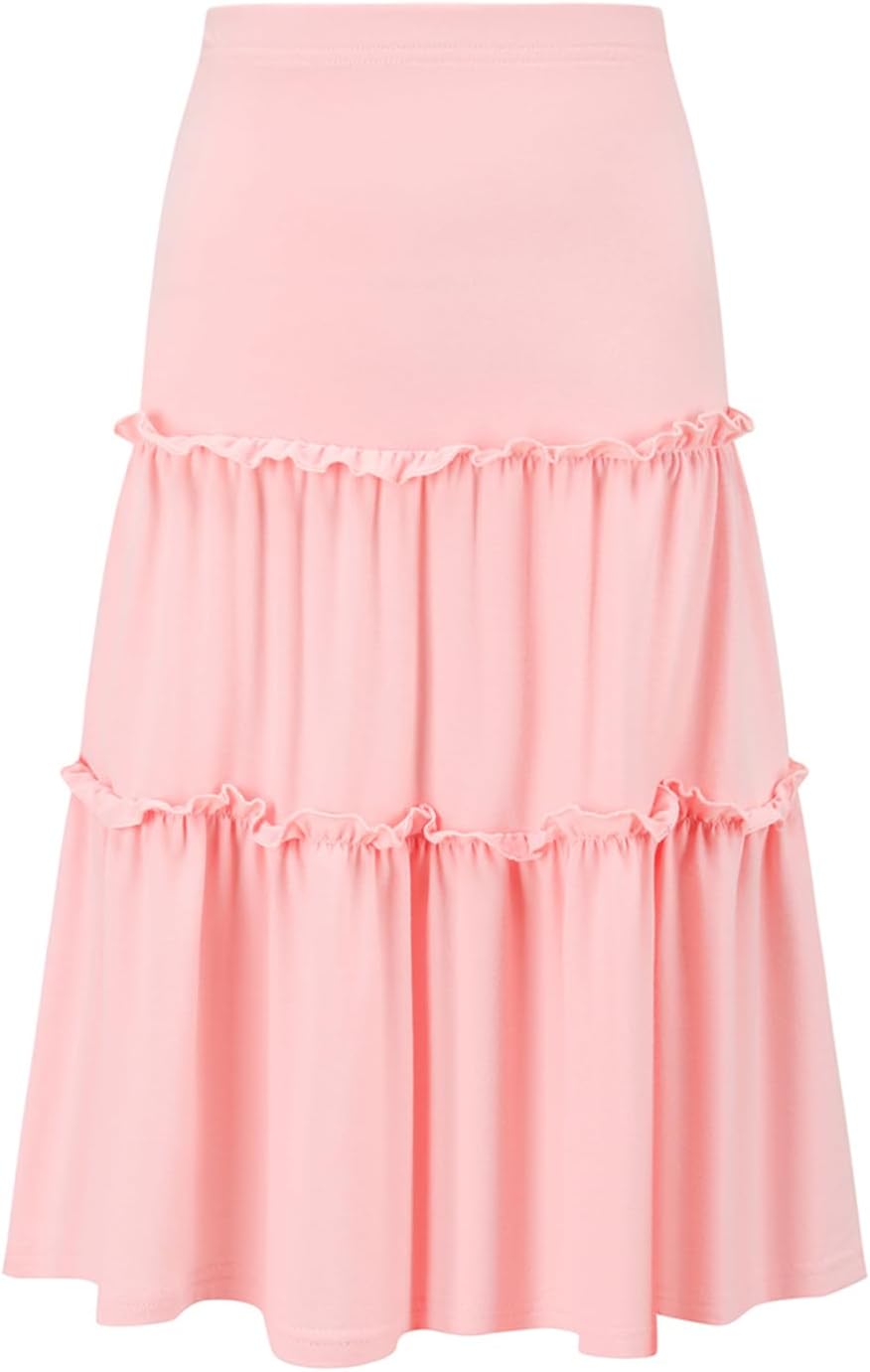 Girls Casual Boho Maxi Skirt Long Swing High Waisted Elastic Ruffled Tiered Skirts