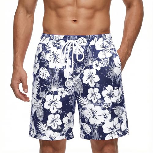Fastkoala Hommes Hawaïen Shorts Tropique Plage Pantalons Floral Casual été Vacances Coton Cordon à Tirage Poche Marine XL