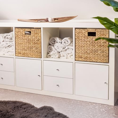 HMF Aufbewahrungskorb passend für KALLAX Regal, Korb geflochten aus Wasserhyazinthe mit Griffen | 4er Set | 32 x 34,5 x 32 cm | Natur