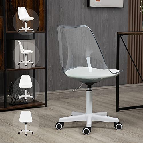 Villeston Acrylic Clear Desk Chair, Modern Small Cute Armless Vanity Rolling Plastic Chair Home Office Lucite Ghost Chairs Cushion Padded With White Legs And Wheels, Clear #TOP6