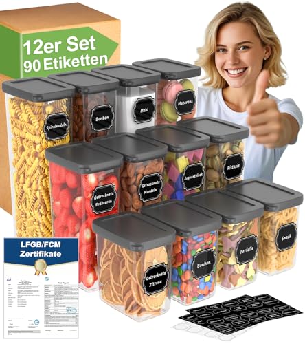 Homhut Botes Cocina Almacenaje 12 Piezas, Recipientes Herméticos para Alimentos, Tarros Cocina Almacenaje de Plástico con Tapa para Cereales Harina Café