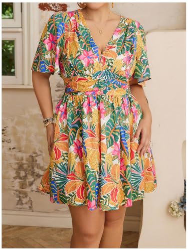 Image of Floerns Women's Plus Size Printed V Neck Short Sleeve Ruffle Hem Summer Short Dresses