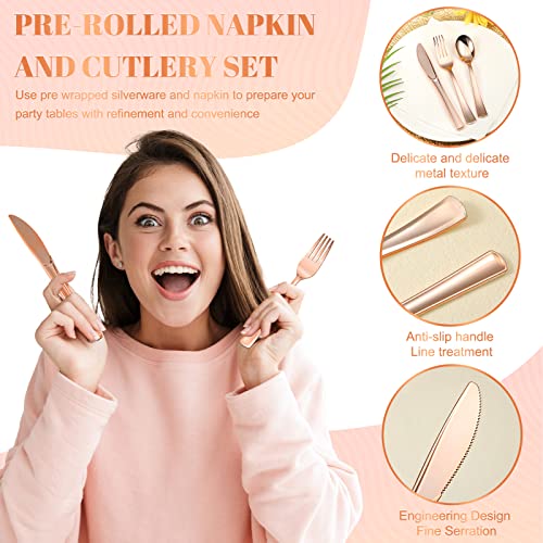 75 Pack Pre Rolled Plastic Cutlery Set Disposable Plastic Silverware With 75 Forks, 75 Knives, 75 Spoons And 75 Napkins Plastic Cutlery Silverware Utensils Set For Dinner Party Wedding (Rose Gold) #TOP2