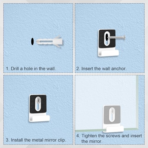 Image of 8pcs Metal Mirror Clips, Heavy Duty Metal Mirror Holder Kit Frameless Mirror Holder Wide Channel Mirror Hangers with Screws Rubber Pads for Wall Mounting Hardware Mirror Billboard Displays(White)
