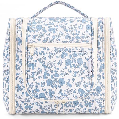 Neceser de viaje para colgar, neceser de cosméticos, bolsa de lavado para niños, mujeres, niñas y mujeres, Pequeña Flor Azul (Grande)