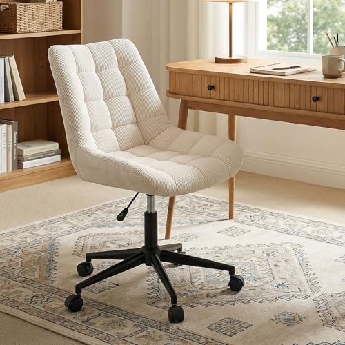 IDIMEX Chaise de Bureau VASILO Fauteuil en Velours Côtelé Blanc Crème avec Piétement en Métal Laqué Noir, Assise Réglabe en Hauteur, Rembourrée et...