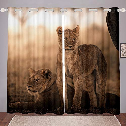 Erosebridal 3D Lion Window Drapes Lion Window Drapes African Savannah Wildlife Window Treatments Safari Animal Grommet Curtains Trendy Curtain Panels for Dorm Guest Room Decorative,Brown 104