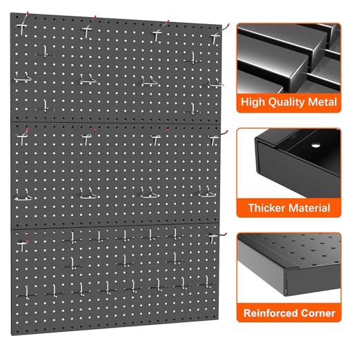 Image of TORACK 3 PCS Metal Pegboard Panels for Wall Garage Utility Tools Storage Pegboard for Workbench, Shop, Modular Peg Board Tool Organizer Boards(Pack of 3, Black)