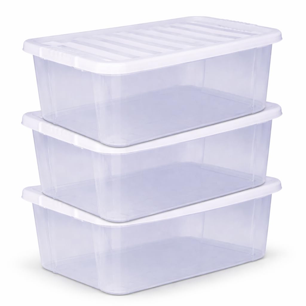 Marco Paul 3 Pack 14L Storage Boxes with Lids Clear Plastic Storage Boxes Stackable Storage Bins Space Saving Home Storage Organiser for Clothes Toys Kitchen Cupboard Garage