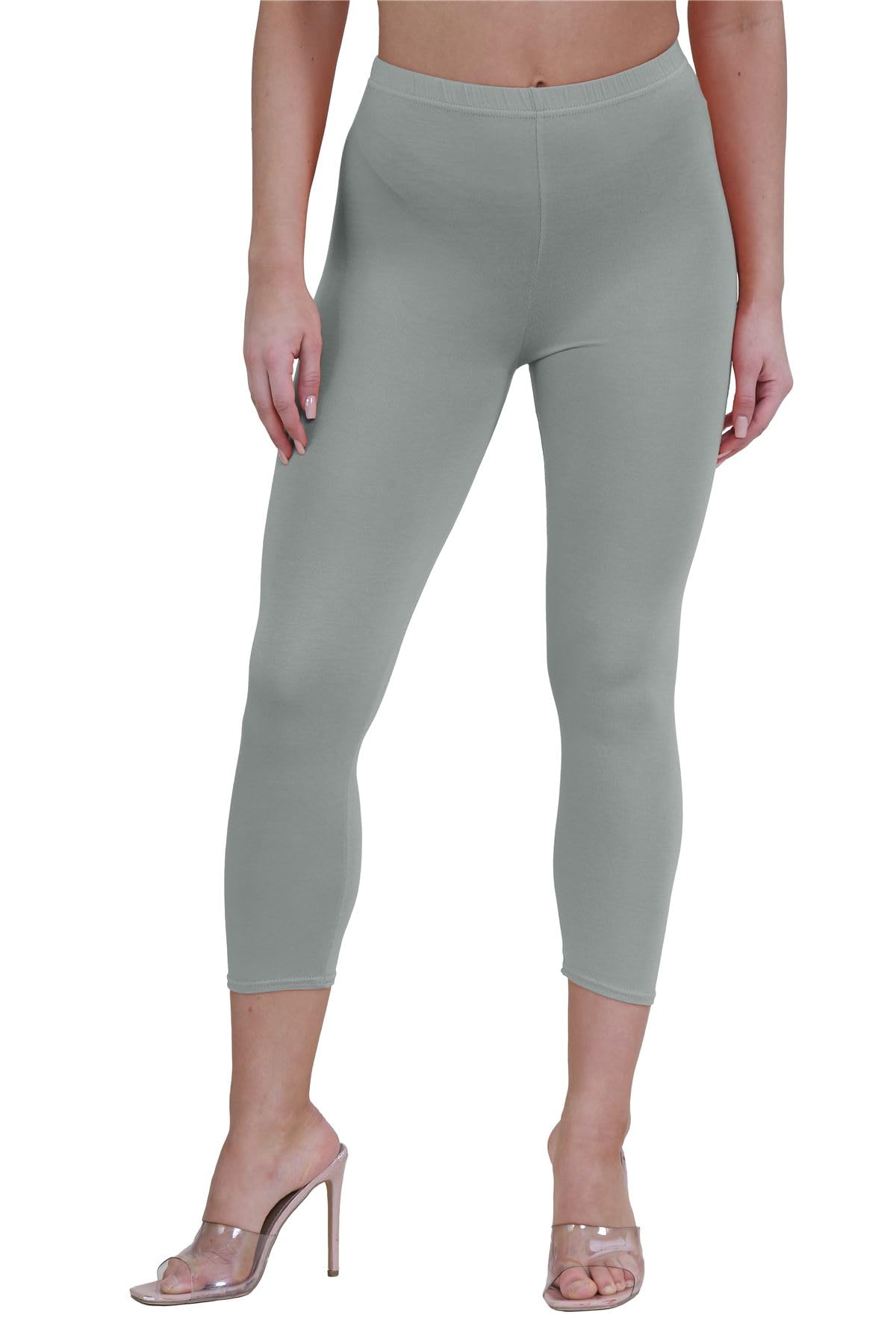 Janisramone Women's Khaki New Plain Stretchy 3/4 Leggings Workout Tight Gym Cropped Capri Active Pants