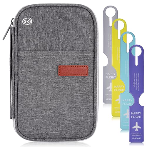 Zocipro Reisepass Tasche Familie Reisepasshülle,Reisepass Schutzhülle RFID-Blocker und 4Pcs Kofferanhänger Reisedokumententasche, Reiseorganizer für Pass,Kreditkarten, Reisedokumente, Ausweis,Grau