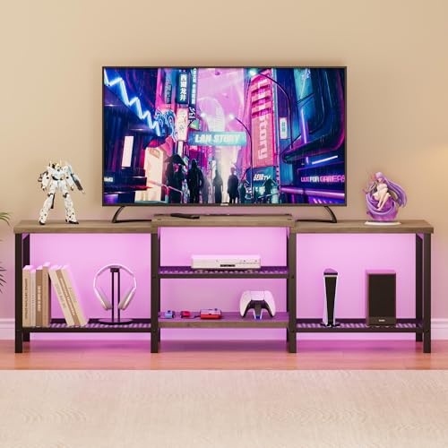 GarveeHome Centro de Entretenimiento Moderno para TV hasta 75 Pulgadas - con Luces LED y estación de Carga - Estantes Abiertos - Consola para salón o Dormitorio - Gris