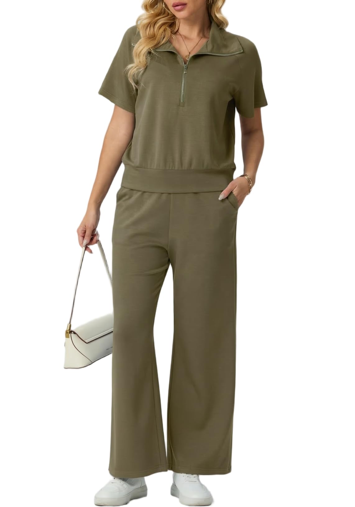 GRECERELLE Survêtement d'été 2 pièces pour femme - Manches courtes - Demi-fermeture éclair - Pull décontracté et pantalon de jogging avec poches